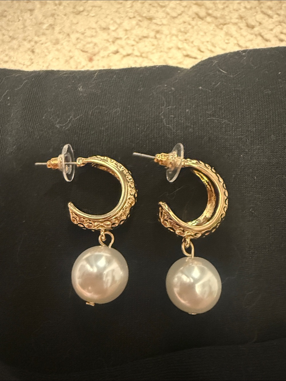 Gold Tune Hoop Earrings with Faux Pearl Drop